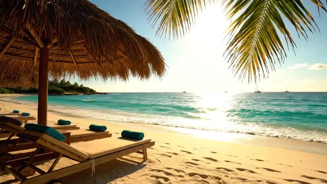 Tranquil beach scene with lounge chairs, umbrella, turquoise water, and palm leaves on a sunny day