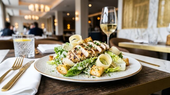 Delicious grilled chicken Caesar salad served in an upscale restaurant setting