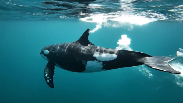 Graceful Orca Whale Swimming Underwater in Sunlight with Natural Beauty of the Ocean