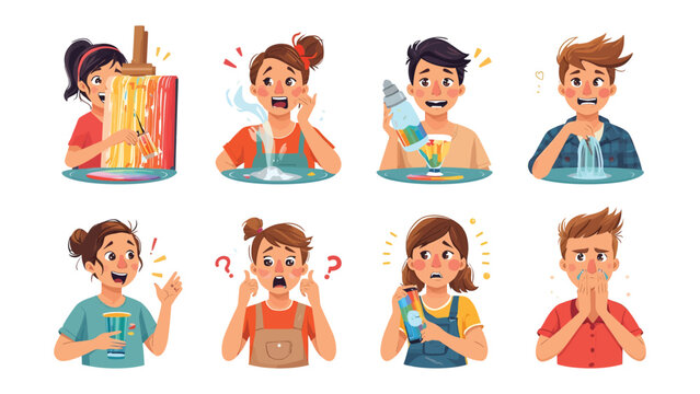 Facial Expressions of Surprise and Shock: A collection of eight diverse children and young adults exhibit a range of exaggerated facial expressions depicting surprise, shock, and confusion.