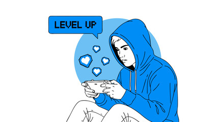 Energetic young gamer leveling up on a handheld device, a dynamic vector illustration capturing the excitement of digital achievement and progression © Purnomo