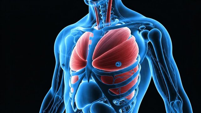 3D medical illustration of human lungs with a highlighted tumor or nodule in the chest cavity