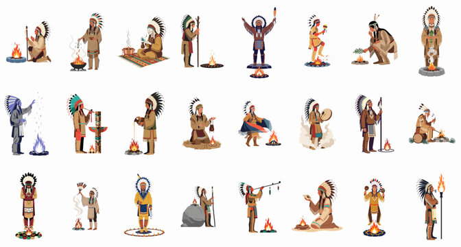 Collection of Native American characters in traditional clothing performing various rituals and ceremonies involving fire, drums, and sacred smoke.