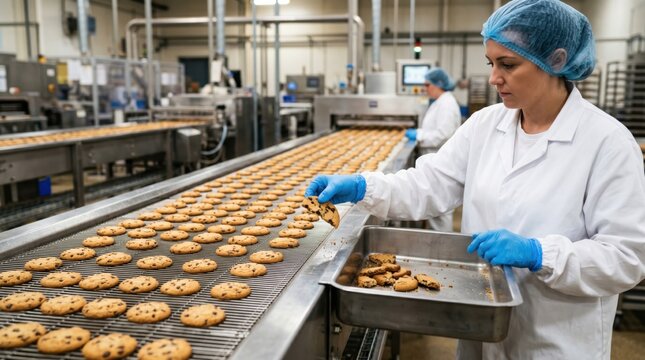 Close-up cookie manufacturing scene with damaged biscuit removed from accepted products during clean conveyor inspection workflow.