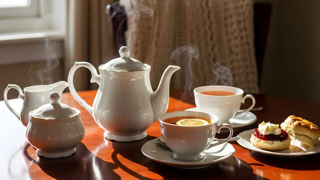 Tea service with pastries on wooden table