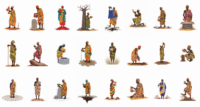 Collection of African elders in traditional Kente cloth performing ceremonial libation rituals, isolated on white background.