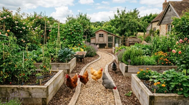 Charming backyard garden with raised beds, chickens, and a rustic chicken coop