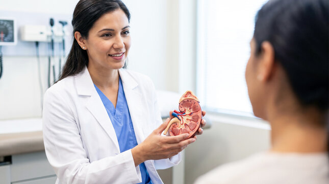 Doctor showing kidney model to patient in clinic