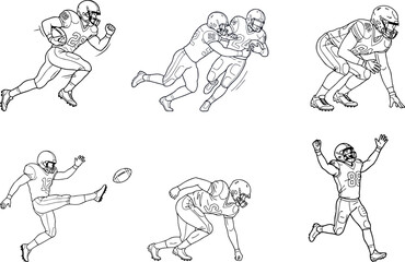 Fototapeta premium American Football Line Art Action Pose Icon Set, Minimal Sport Illustration on Transparent Background