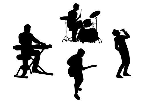 black silhouette of a music band set, guitarist, drummer playing drum kit, singer holding microphone, and keyboard player, full body figures, different poses, isolated on white background, high contra