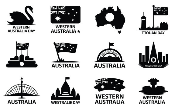 Black silhouettes of australian symbols flags landmarks and western australia day icons on a white background celebrating national identity