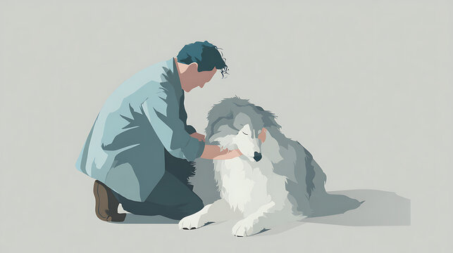 Man kneeling beside a wolfdog in serene setting