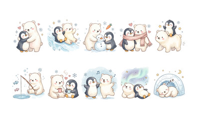Fototapeta premium Watercolor Penguin and Polar Bear Buddy Nursery Clipart Set - 10 Arctic Friends Poses Hugging Ice Sliding Snowman Scarf Piggyback Fishing Cocoa Dancing Aurora Igloo Sleep Illustration