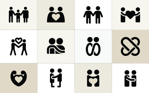 Minimalist vector icons of people embracing holding hands and supporting each other on a neutral background with clean modern designs