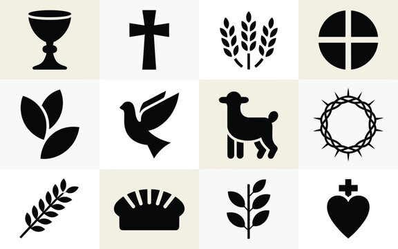 Minimalist black icons of religious symbols including chalice cross wheat lamb dove and heart on beige background