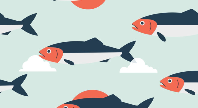 Seamless Pattern of Flying Salmon Fish with Clouds and Sun