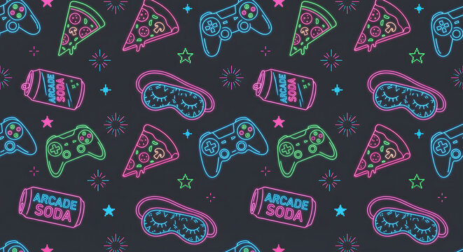 Neon slumber party seamless pattern with gaming controllers, pizza slices, soda cans, and sleep masks. Vibrant night party background with arcade aesthetic in glowing pink, green, and blue colors.