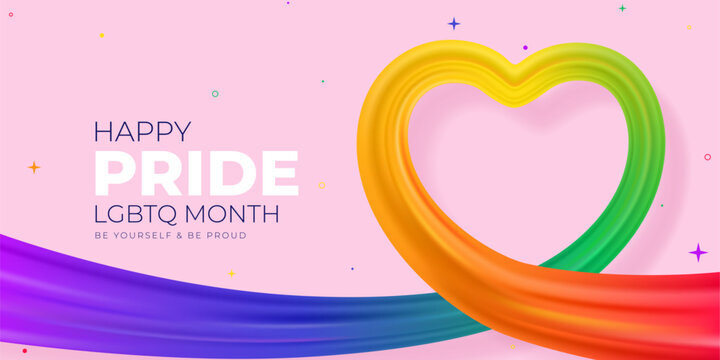 Happy Pride Month Card. LGBT, Gay rights. Pride month landing web page template for LGBT rights or social issues event. Vector gradient rainbow ribbon heart for LGBT event, cover, branding.