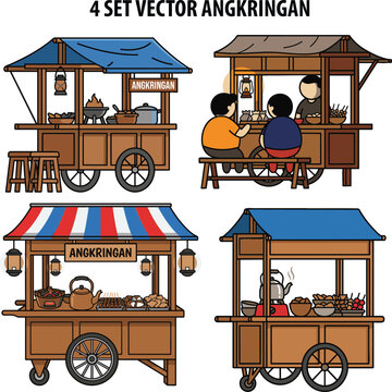 Vector illustration set of traditional Javanese angkringan stalls with wooden carts, benches, and people serving food
