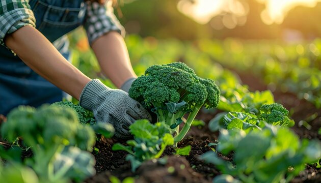 Close-Up Gardener Hands Harvesting Broccoli in Garden