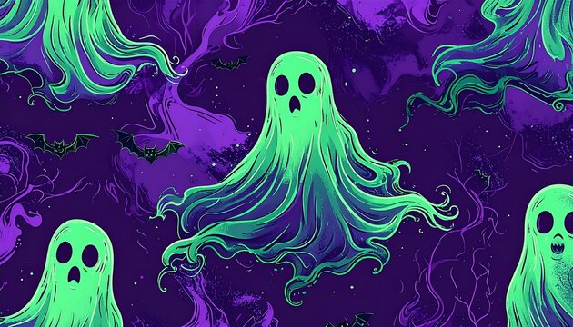 A spooky pattern of ghostly figures on a purple background