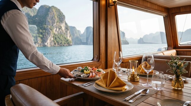 Asian waiter serving seafood dinner on a luxury yacht dining table. Elegant private cruise with fine dining, coastal view, wine glasses and warm wooden cabin interior.