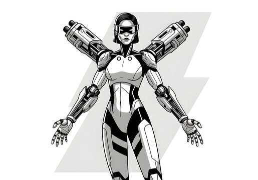A female cyber warrior with a visor and white-and-black mechanical armor, armed with dual cannons mounted on her back.
