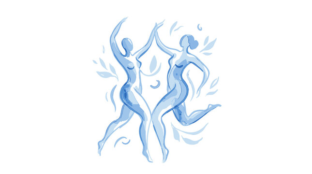 Elegant abstract illustration of two dancing figures in shades of blue