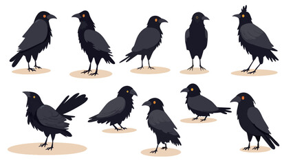 Naklejka premium Black cute creepy crow character animation, cartoon flat style