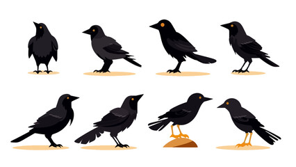 Naklejka premium Black cute creepy crow character animation, cartoon flat style
