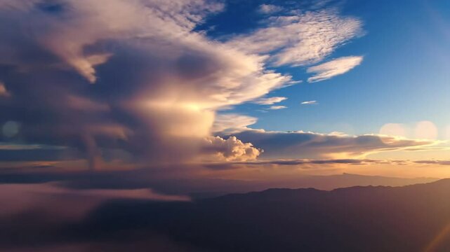 Epic cloudscape at sunset with fluffy white and dark clouds under a vibrant blue sky with mountain silhouettes