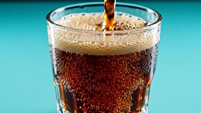 Close-up of fizzy dark brown cola being poured into a crystal glass against a turquoise background.