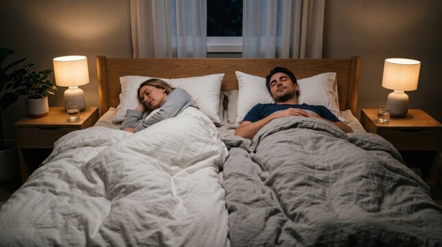 Modern couple sleeps comfortably with separate blankets in cozy bedroom, showing personal sleep comfort, healthy boundaries and better rest for partners.