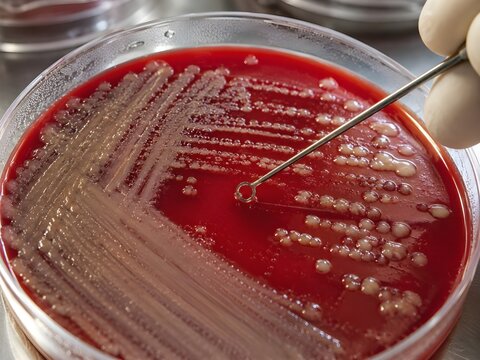High-angle photograph showing a researcher's hand using a metal inoculation loop to pick bacterial colonies grown on a blood agar petri dish.