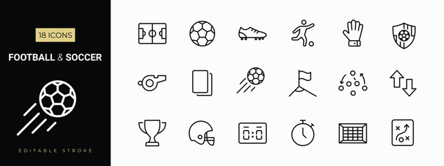 Fototapeta premium Football and soccer line icon set with stadium field player ball and equipment symbols