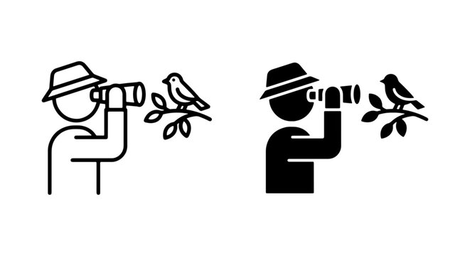 Birdwatching Icon Set, Ornithologist Observation, Nature Discovery, Wildlife Photography Vector Icons