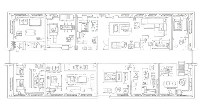 Detailed architectural blueprint showing the top down schematic layout of a spacious residential dwelling with multiple rooms and furniture arrangements ideal for real estate development and