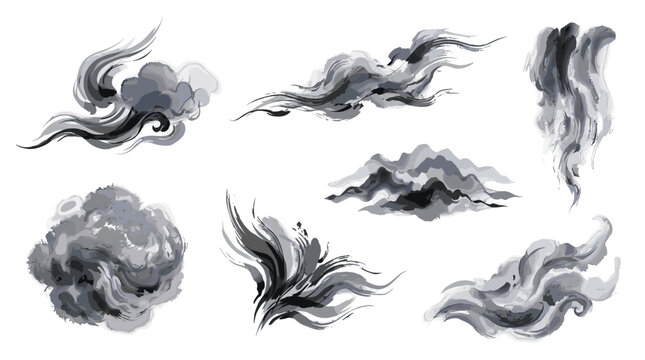 Collection of traditional chinese ink wash clouds in various dynamic forms