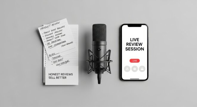 Podcast recording setup: Microphone, notes, and smartphone with "Live Review Session"