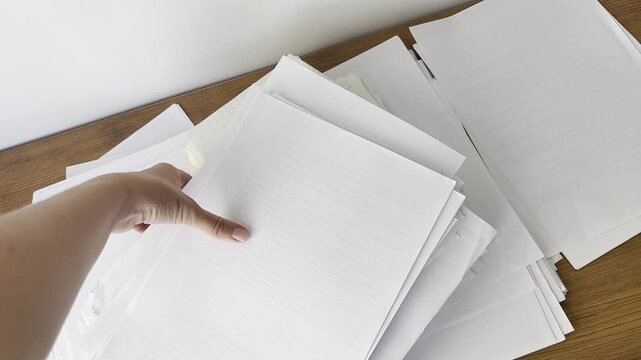 Video of scattered papers spread across a desk. Messy workspace scene representing stress, paperwork, office chaos, disorganization and busy work routine.