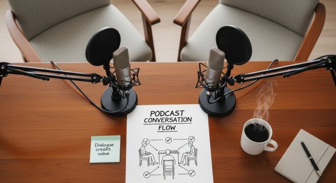 Podcast Studio Setup with Microphones, Coffee, and Notes