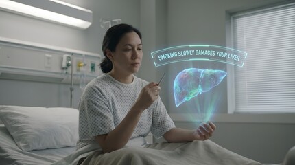 Woman in hospital bed examining digital liver health projection with health warning message