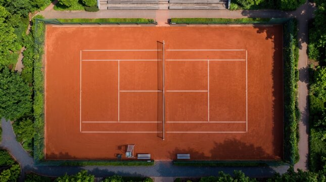 Aerial view of a well-maintained clay tennis court surrounded by lush greenery, featuring a net, benches, and clear court markings for competitive play
