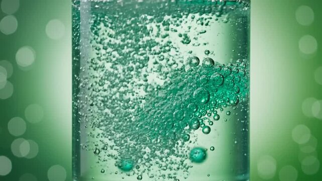 Close-up of fizzy green liquid swirling in a clear glass against a blurry bokeh background