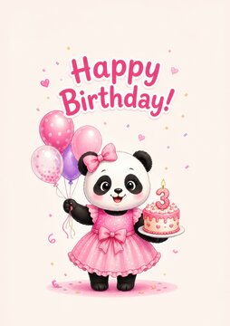 Happy Birthday card with cute panda holding cake with number 3 and balloons, pastel festive design, adorable kids celebration illustration