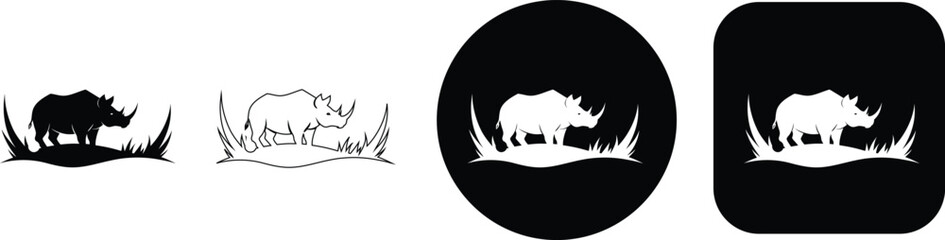 Silhouette of a rhinoceros standing in grass with multiple styles and formats keywords: rhinoceros, rhino © SilhouetteStore