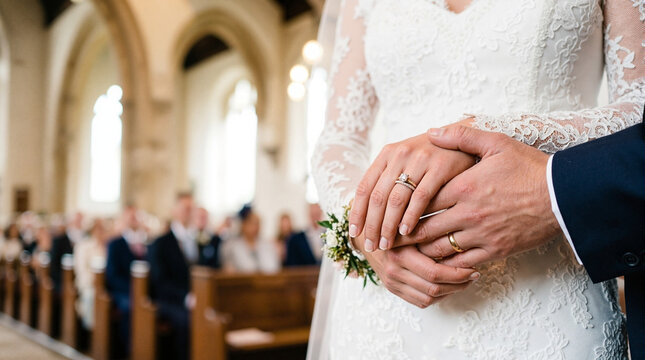 Wedding ceremony moment with bride and groom holding hands in church. Wedding scene captures emotional connection between couple during vows. Concept wedding ceremony for invitations and photography.