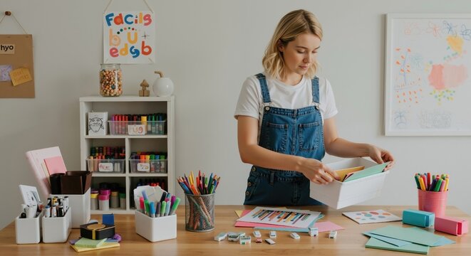 Creative woman organizing colorful art supplies at wooden desk. Teacher preparing for craft project in home studio. Hobby and education concept