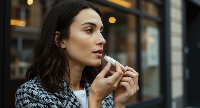 Young woman applying moisturizing lip balm outdoors. Brunette girl using chapstick for her daily beauty and skincare routine