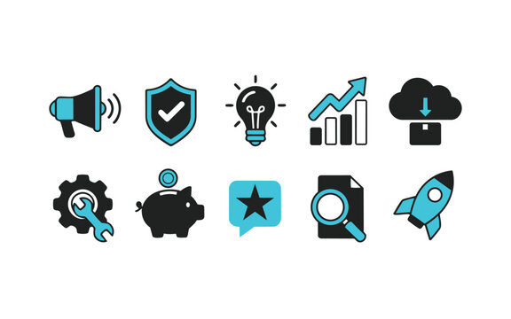 A comprehensive collection of modern flat design business and technology icons in black and teal color, depicting concepts such as marketing, security, ideas, growth, cloud computing. Digital Agency